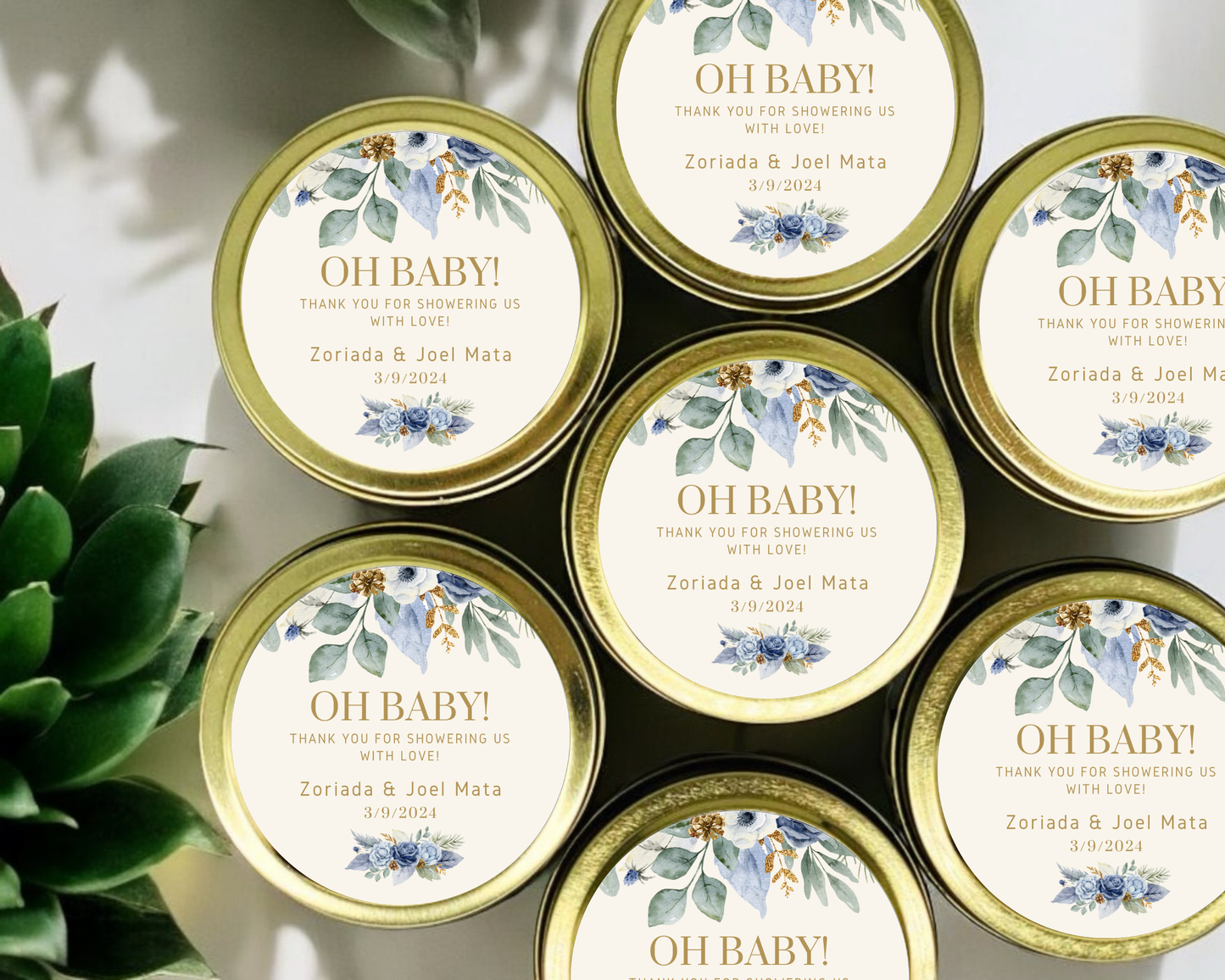 Blue and Cream Floral - Baby Shower Soy Wax Candle - Set of 1