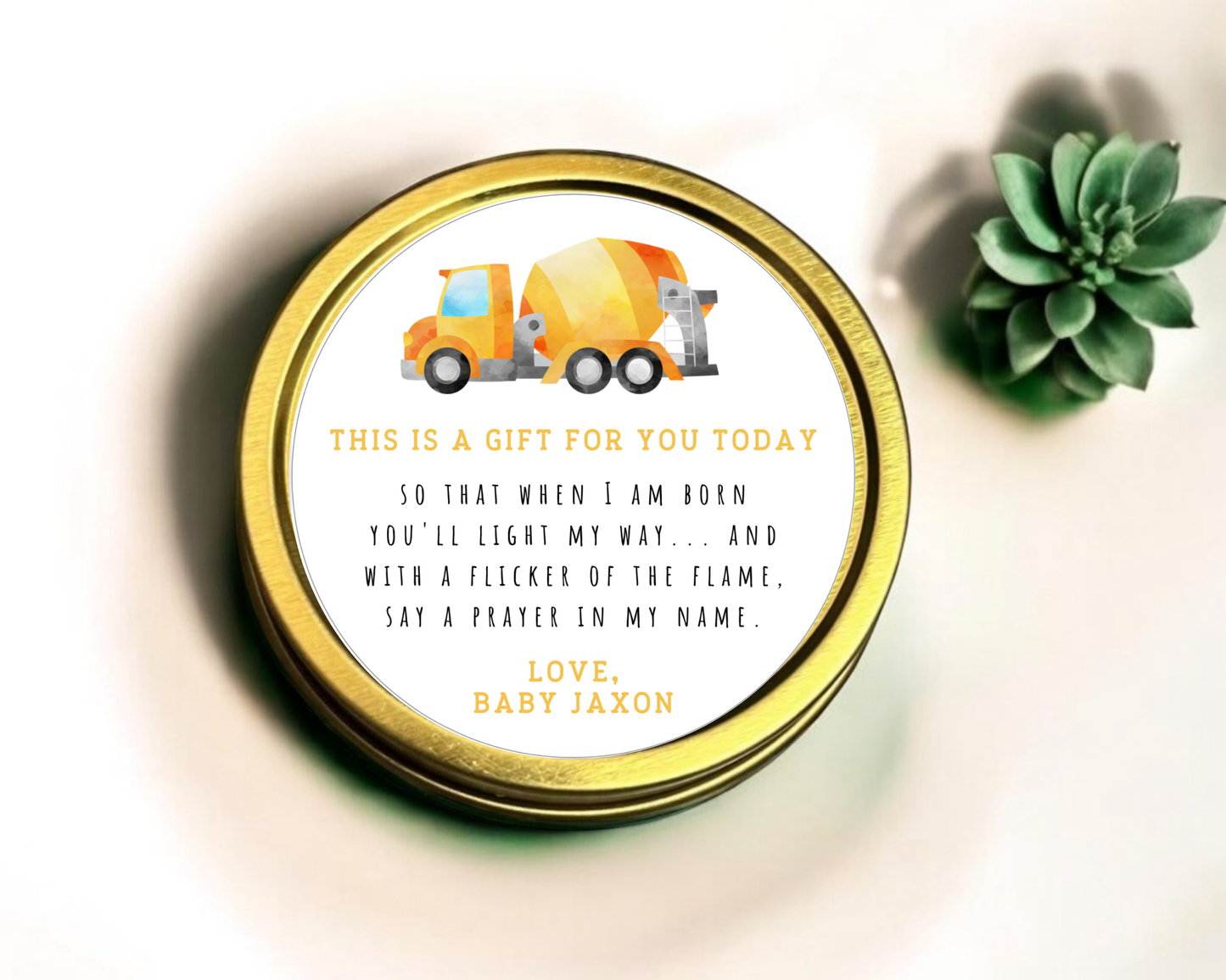Construction Truck - Prayer Baby Shower Soy Wax Candle - Set of 1