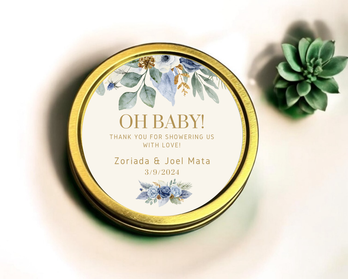 Blue and Cream Floral - Baby Shower Soy Wax Candle - Set of 1