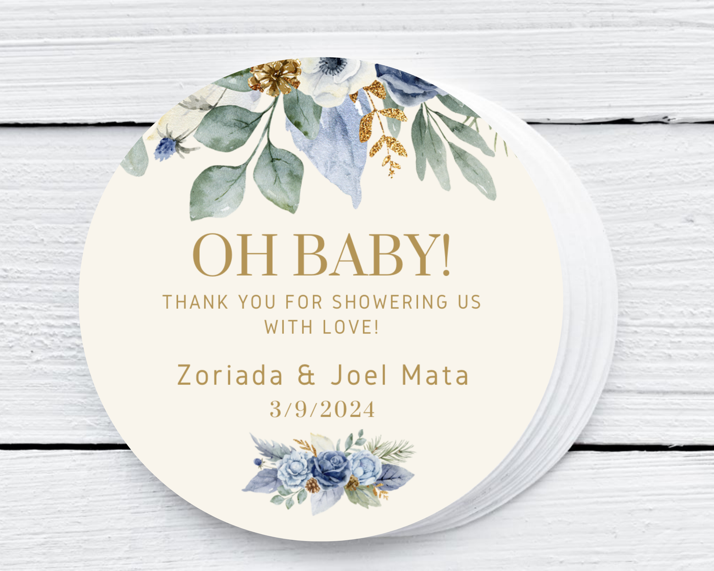 Blue and Cream Floral - Baby Shower Soy Wax Candle - Set of 1