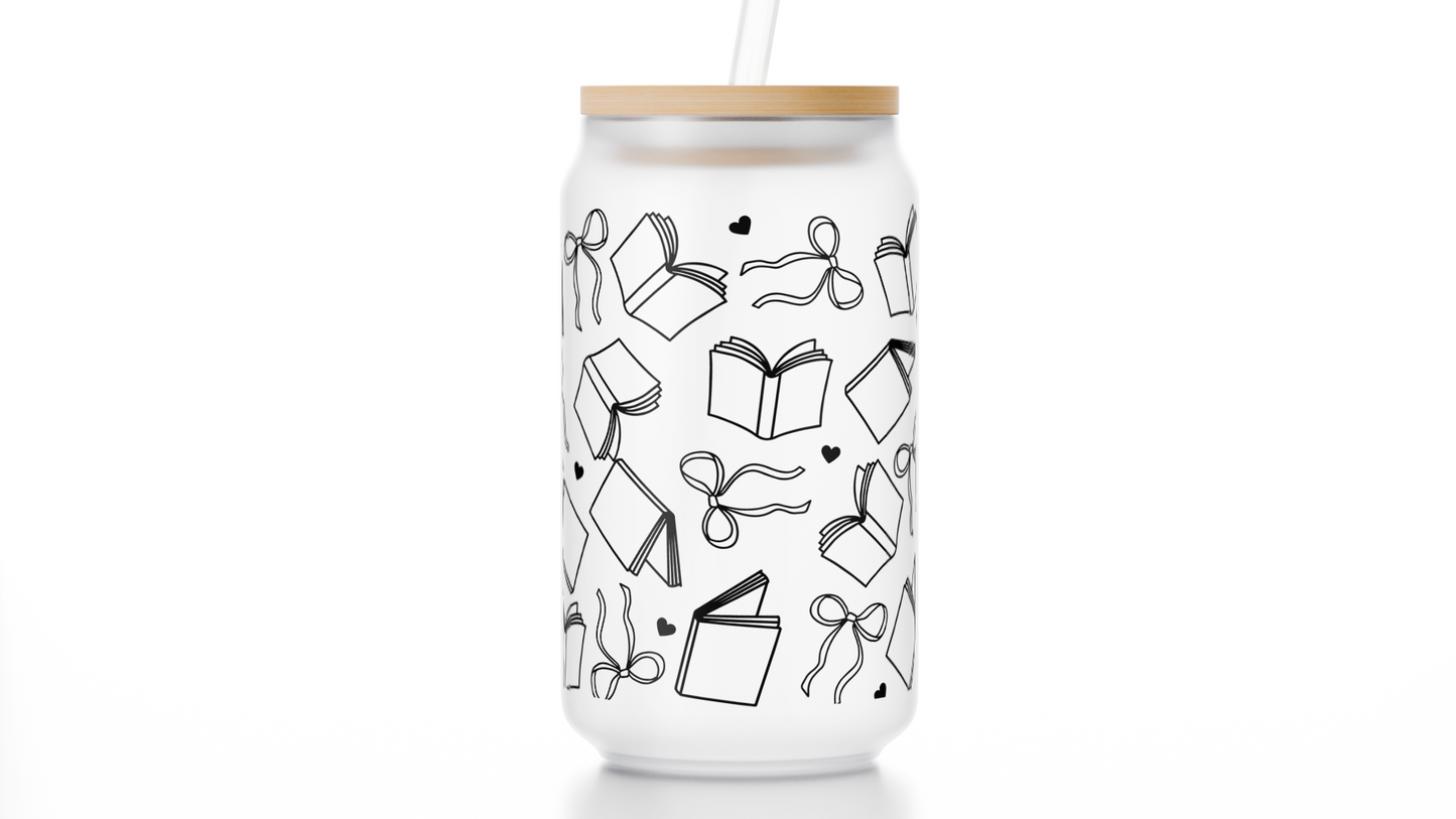 16oz Bow and Books Frosted Libbey Glass Cup