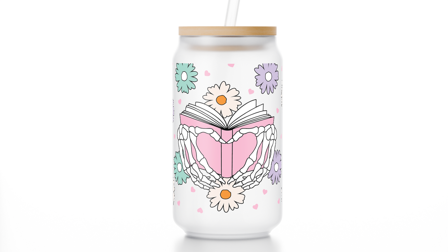 16oz Book Lover Skeleton Hand Frosted Libbey Glass Cup