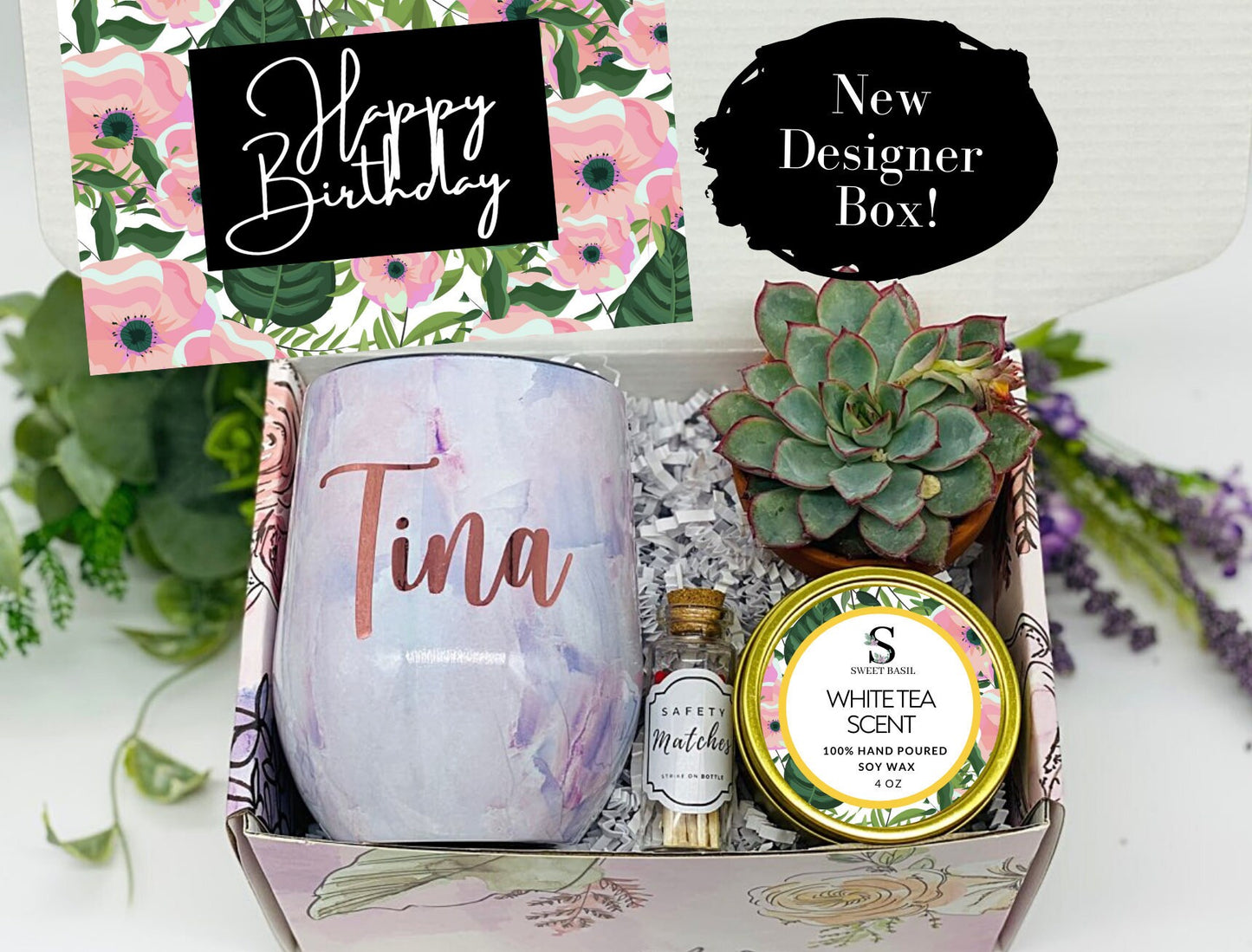 Pink and Purple Floral Birthday Gift Box Personalized Wine Tumbler