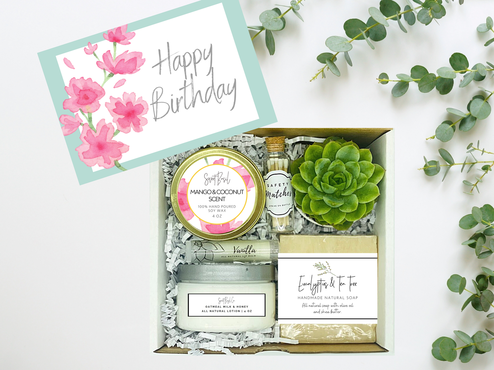 happy birthday succulent Pink Watercolor Floral Happy Birthday Succulent Spa Box