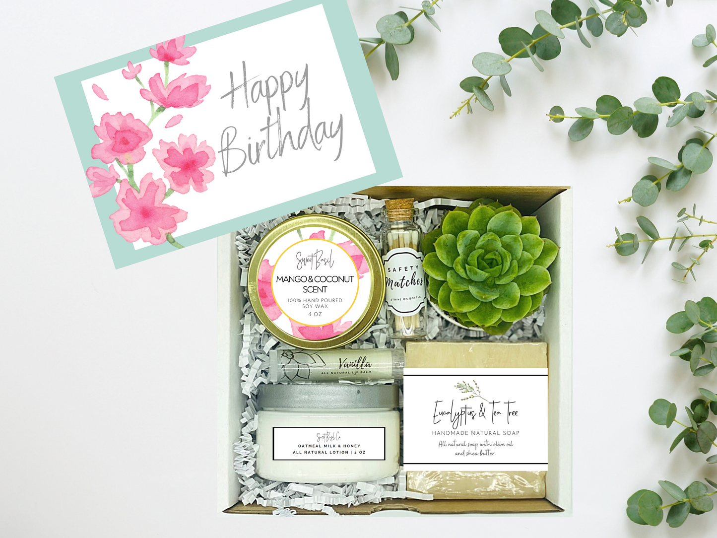 Pink Watercolor Floral Happy Birthday Succulent Spa Box