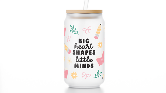 16oz Big Heart Teacher Frosted Libbey Glass Cup