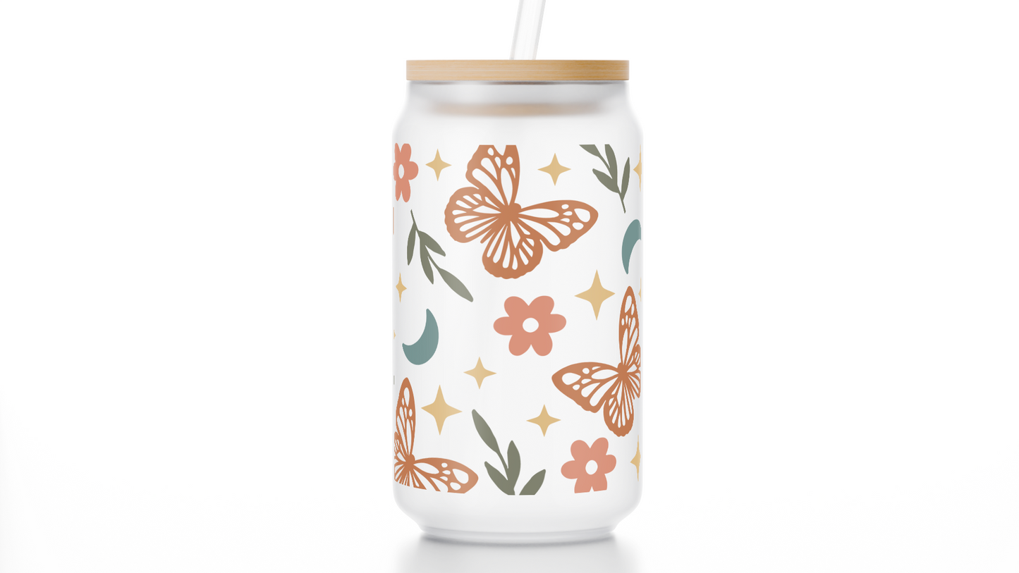 16oz Boho Floral Butterfly Frosted Libbey Glass Cup