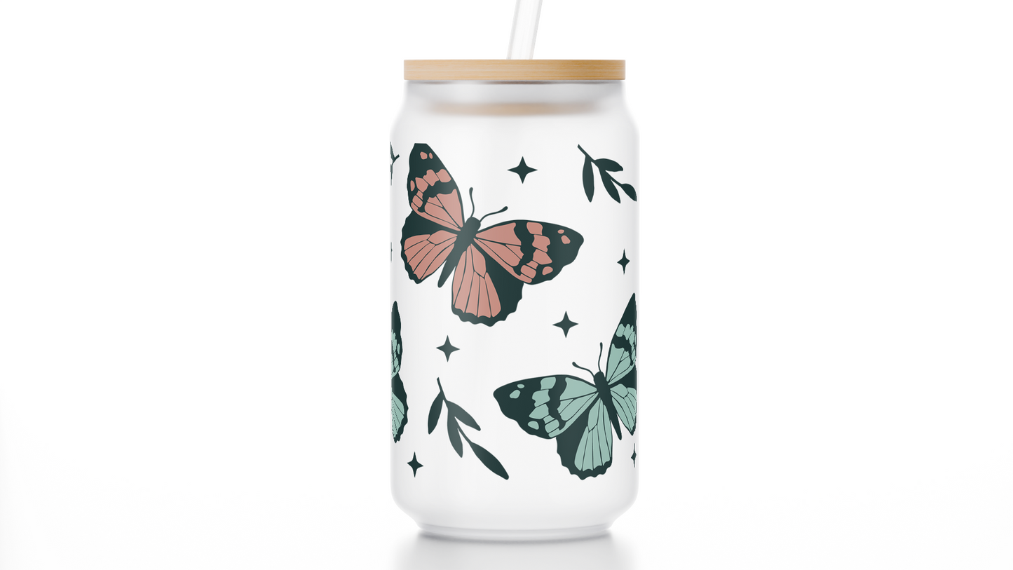 16oz Black Butterfly Frosted Libbey Glass Cup