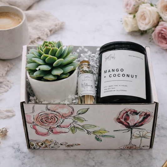 Thank You Gift Box with Succulent and Amber Glass Soy Candle