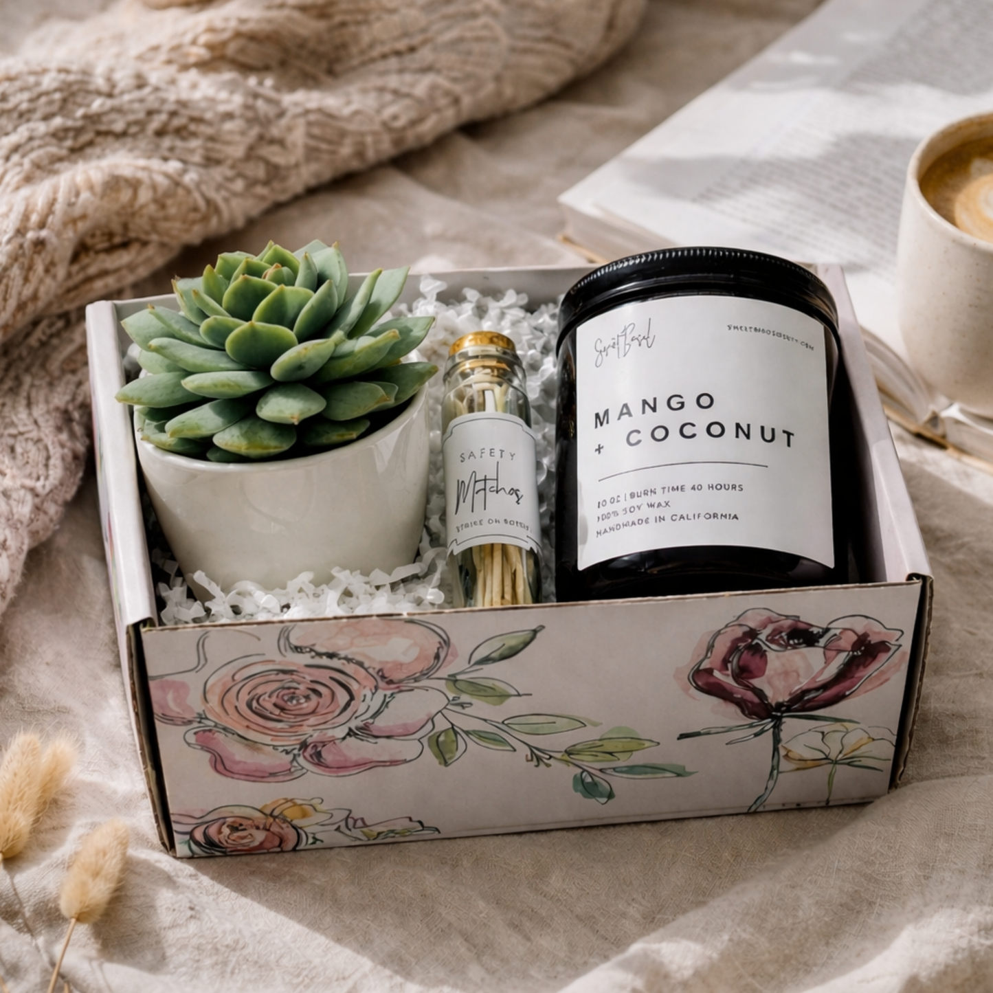 Mother's Day Gift Box with Succulent & Amber Glass Soy Candle