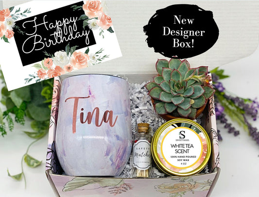 Pink Cream Floral Birthday Gift Box Personalized Wine Tumbler