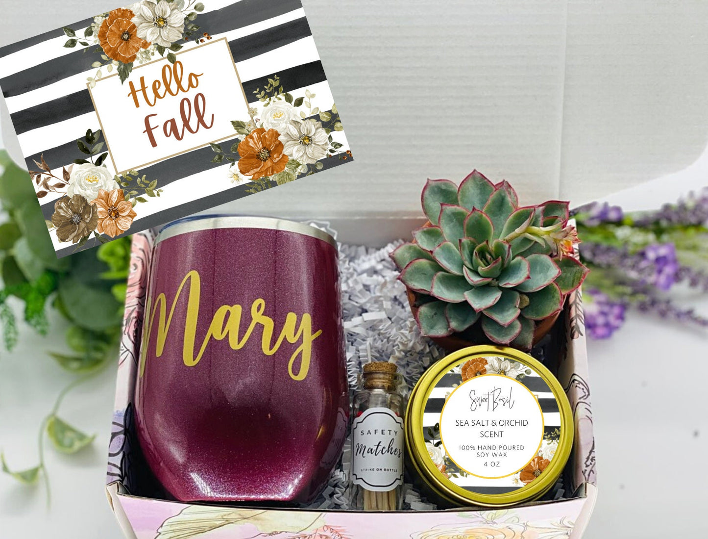 Hello Autumn Gift - Fall Gift Box - Autumn Gift - Fall Tumbler - Wine Tumbler - Fall Cups - Fall Tumbler Gift - Live Succulent Gift Box